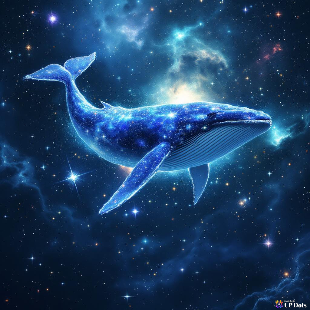 A majestic cosmic whale swimming through a nebula of code.
