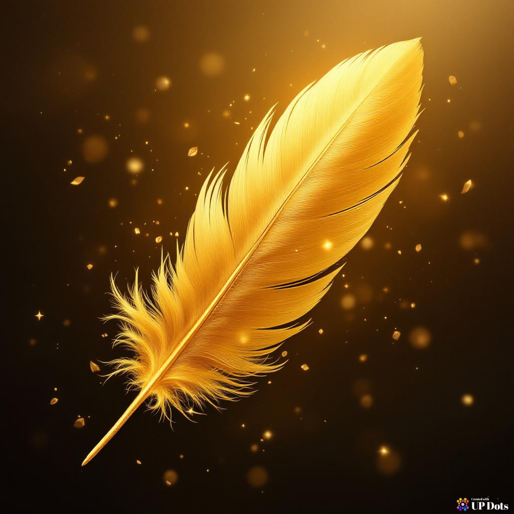 A highly detailed, shimmering golden feather floating in mid-air.