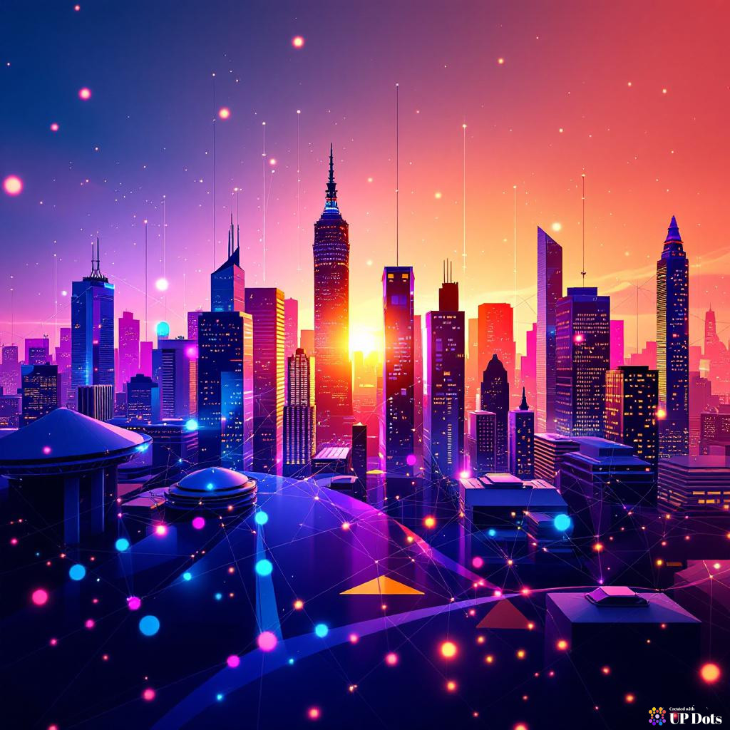 A vibrant, geometric city skyline morphing from data points.