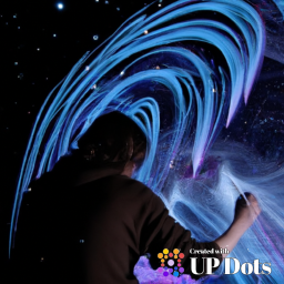 A futuristic artist painting a swirling galaxy with light.