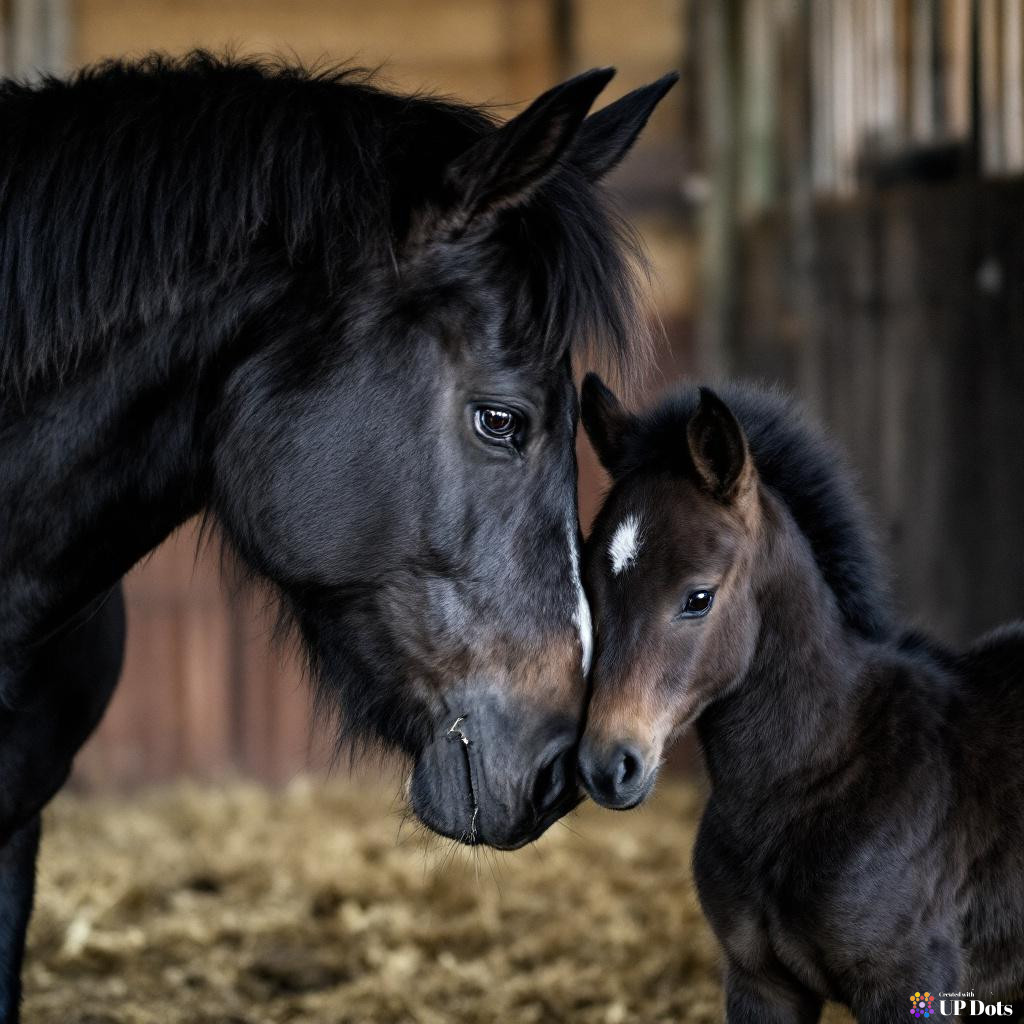 black mother horse with baby horse in a barnyard