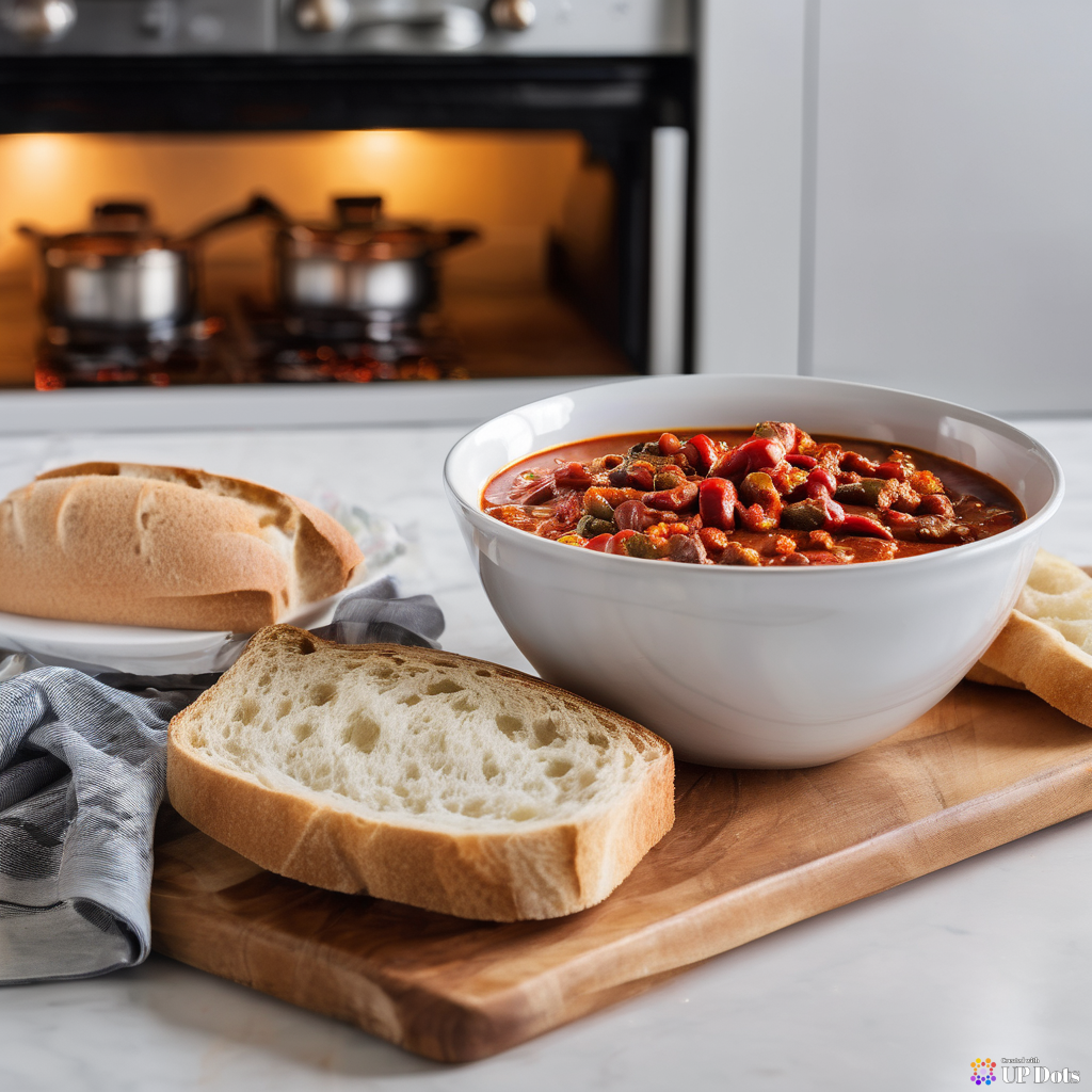 large bowl of hot chili with fresh baked bread in a modern kitchen