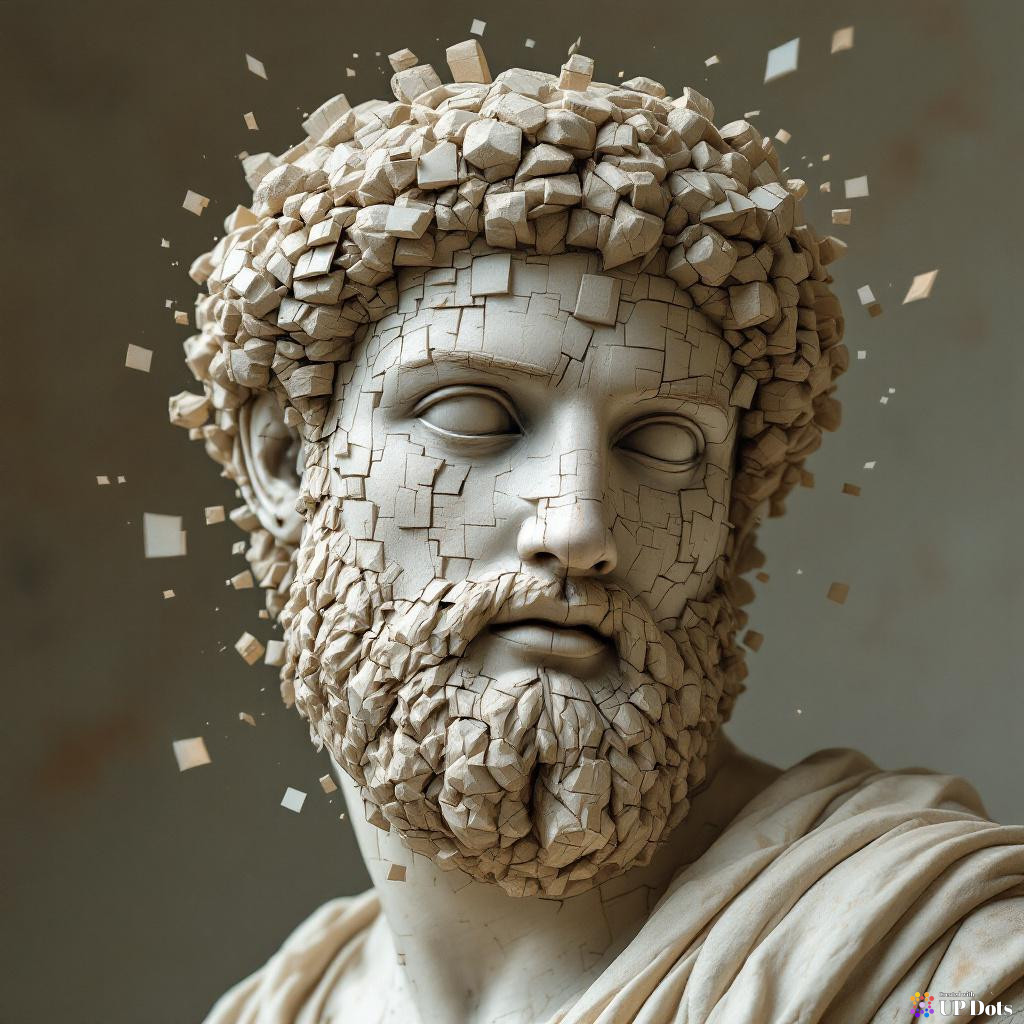 An ancient Greek statue's head fragmenting into digital pixels.