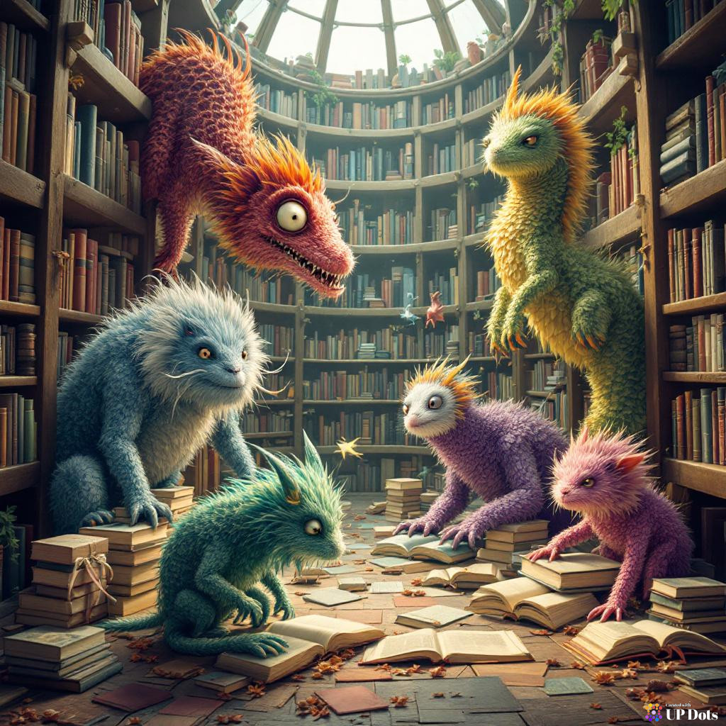 A surreal library where books transform into fantastical creatures.
