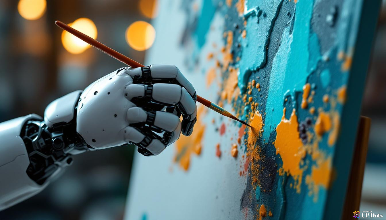 A robot's hand gently touching a paintbrush to a canvas.