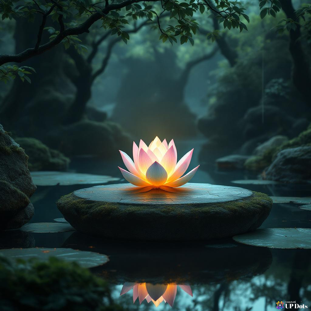 A tranquil zen garden with a single, glowing cybernetic lotus.
