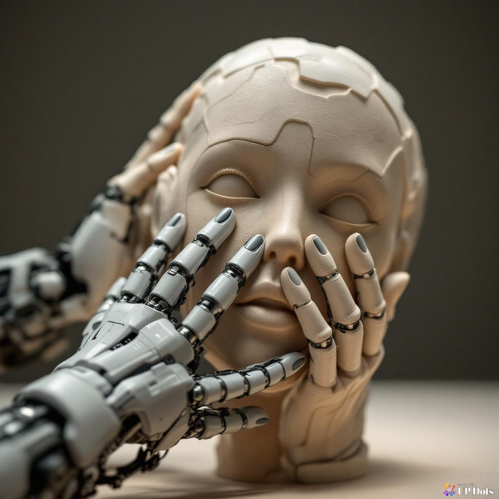 A pair of human hands and robotic hands collaborating on a sculpture.